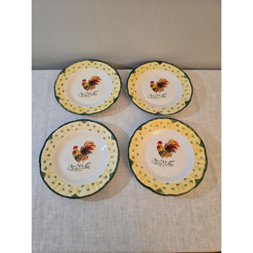 Gibson Salad Plates Rooster Yellow Green Farmhouse Country Set of 4 8in Exc